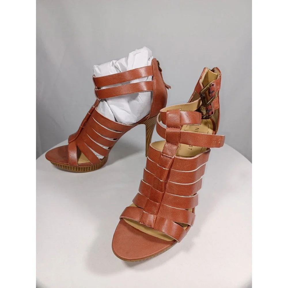 Nine West Shoes Womens Size 8 Brown Strappy High Heel‎ Sandal Buckle Zip Dressy